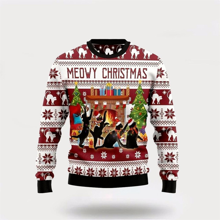 Goofygearprints Pet Cat Sweater, Black Cat Christmas Dancing Ugly Christmas Sweater, Gift For Cat Love, Cat Crewneck Sweater, Winter Fashion