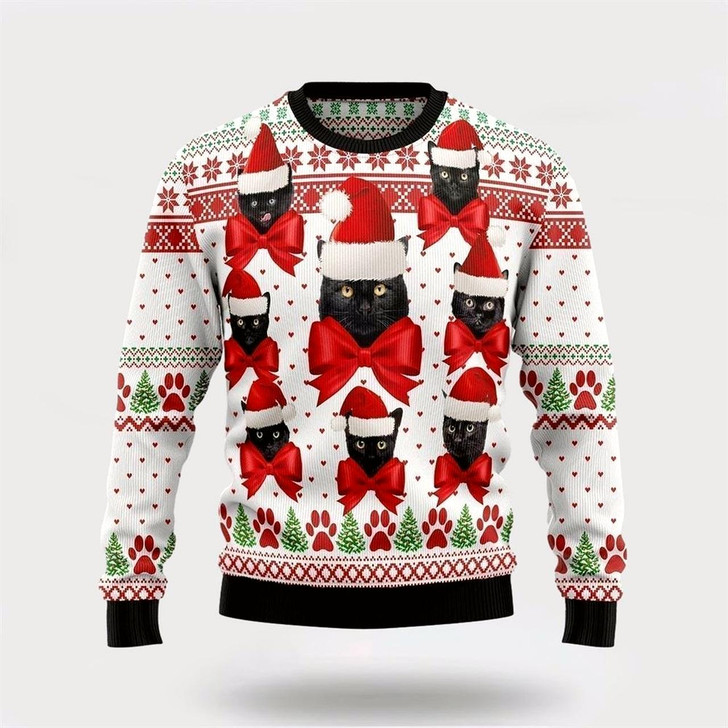 Goofygearprints Pet Cat Sweater, Black Cat Ball Ugly Christmas Sweater, Gift For Cat Love, Cat Crewneck Sweater, Winter Fashion