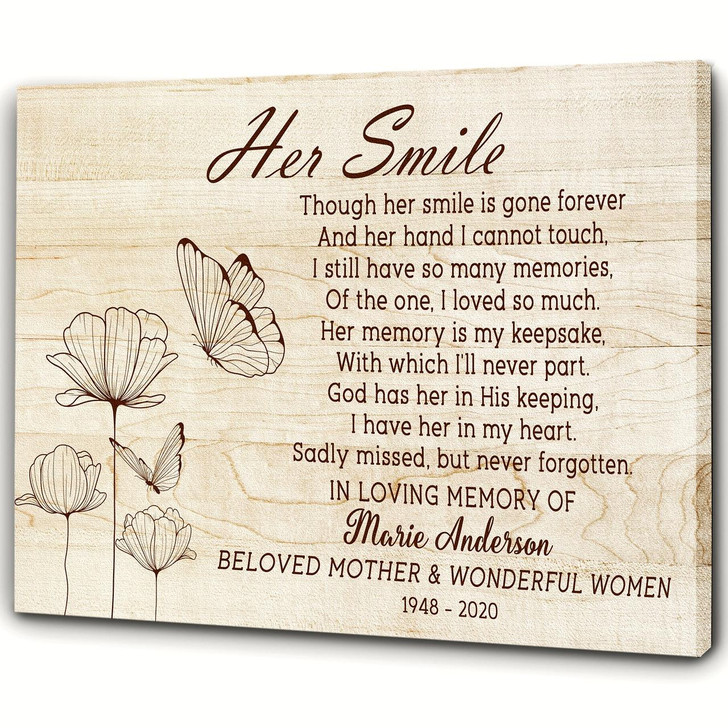 Personalized Memorial Canvas Her Smile Memorial Wall Art Butterfly Memorial Canvas Sympathy Gift For Loss Of Loved One Mother Wife Sister In Loving Memory