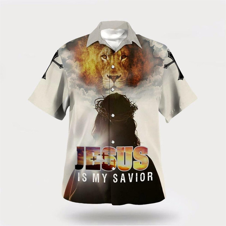 Goofygearprints Christian Hawaiian Shirt, Jesus Is My Savior Hawaiian Shirt, Jesus And The King Lion Hawaiian Shirts, Christian Aloha Shirt