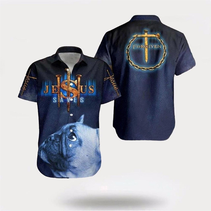 Goofygearprints Christian Hawaiian Shirt, French Bulldog Jesus Saves Cross Forgiven Christian Faith Dog Lover Christian Hawaiian Shirt, Christian Aloha Shirt