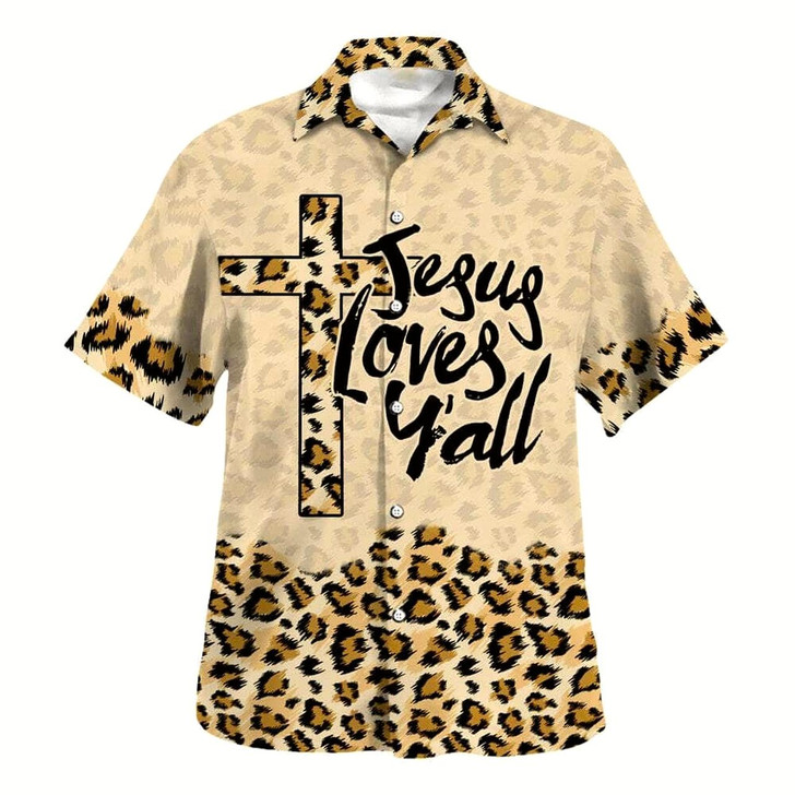 Goofygearprints Leopard Jesus Love Y'All Hawaiian Shirt For Men, Christian Hawaiian Shirt, Gift For Christian