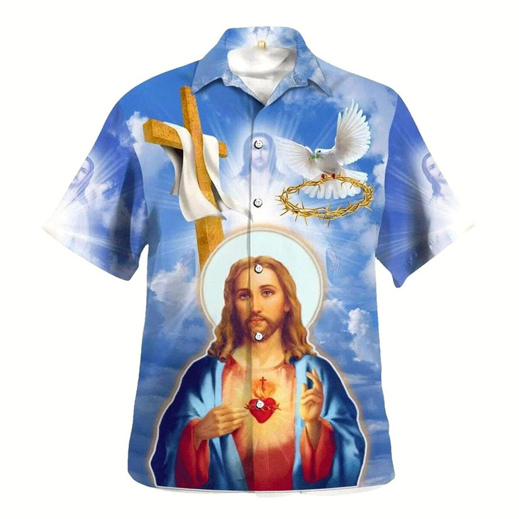 Goofygearprints Jesus Christ Sacred Heart Pigeon Hawaiian Shirt For Men, Christian Hawaiian Shirt, Gift For Christian