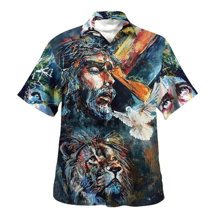Goofygearprints Jesus Christ Lion And Dove Vintage Art Christian Hawaiian Shirt For Men, Christian Hawaiian Shirt, Gift For Christian