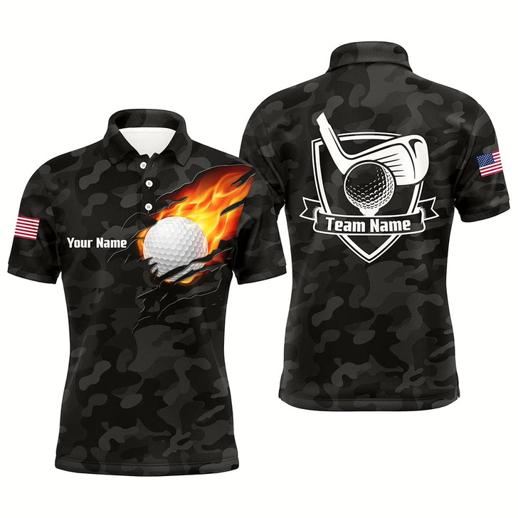 Goofygearprints Black Camo Fire Golf Ball Flame Mens Golf Polo Shirts Custom American Flag Golf Shirts For Men Style 2