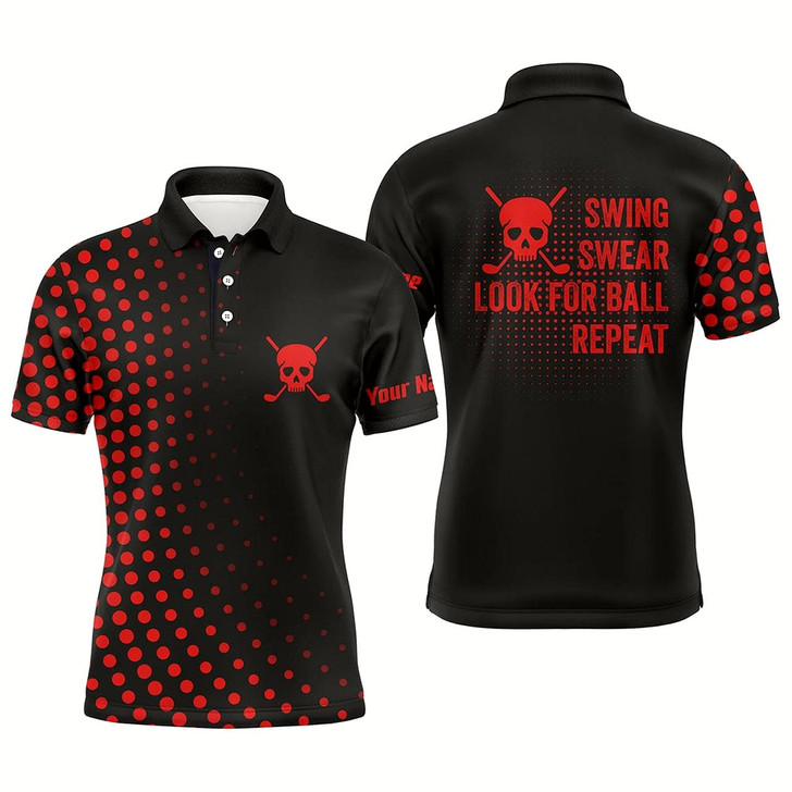 Goofygearprints Funny Men Golf Polo Shirts Custom Swing Swear Look For Ball Repeat Dot Pattern Skull Golf Shirt Red Style 2
