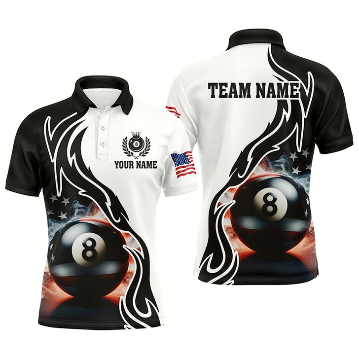 Goofygearprints Personalized 3D 8 Ball Pool Smoke Us Flag Men Billiard Polo Shirts, Patriotic Shirts For Pooler