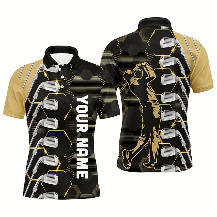 Goofygearprints Personalized Yellow And Black Golf Clubs Mens Golf Polo Shirts Custom Name Golf Outfit Men, Golf Gifts
