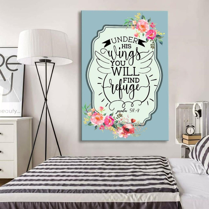 Under His Wings You Will Find Refuge Psalm 91:4 Wall Art Canvas Bible Verse Canvas Scripture Wall Decor For Protection