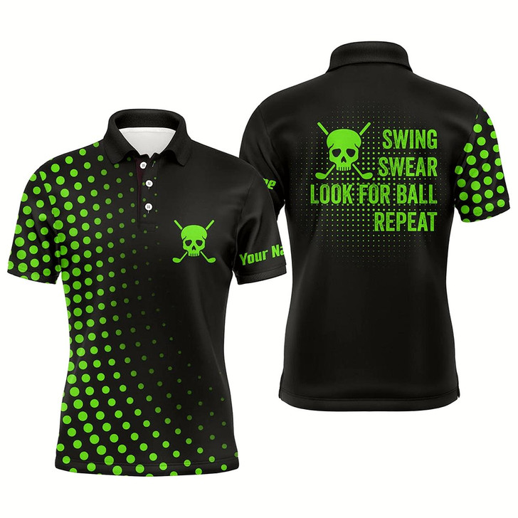 Goofygearprints Funny Men Golf Polo Shirt Custom Swing Swear Look For Ball Repeat Dot Pattern Skull Golf Shirt Green