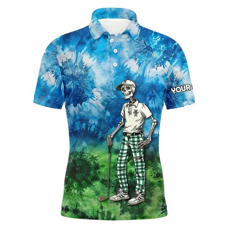 Goofygearprints Blue And Green Mens Tie Dye Golf Polo Shirts Custom Golf Skull Golf Team Polo Shirts