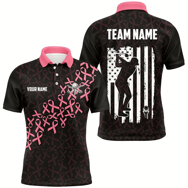 Goofygearprints Pink Ribbons Breast Cancer Awareness Mens Golf Polo Shirts Custom American Flag Golf Apparel For Mens