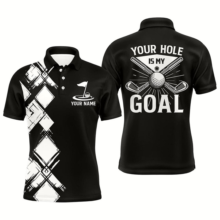 Goofygearprints Black And White Argyle Pattern Men Golf Polo Shirts Custom Golf Outfits Men Your Hole Is My Goal