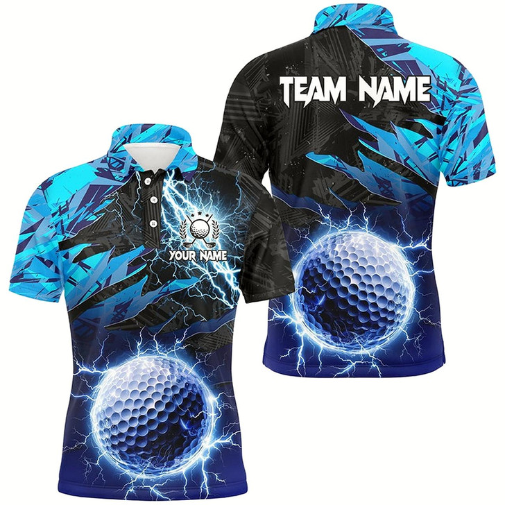 Goofygearprints Personalized Blue Camo Lightning Thunder Golf Ball Custom Mens Golf Polo Shirts, Golf Apparel For Men Style 2