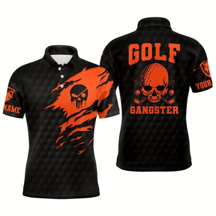 Goofygearprints Golf Gangster Skull Mens Polo Shirt Custom Black Orange Golf Pattern Scary Golf Shirts For Men