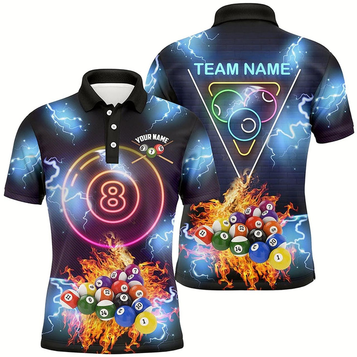 Goofygearprints Personalized Billiard Ball 8 Neon Light Printing 3D Polo Shirts For Men, Custom Billiards Shirts