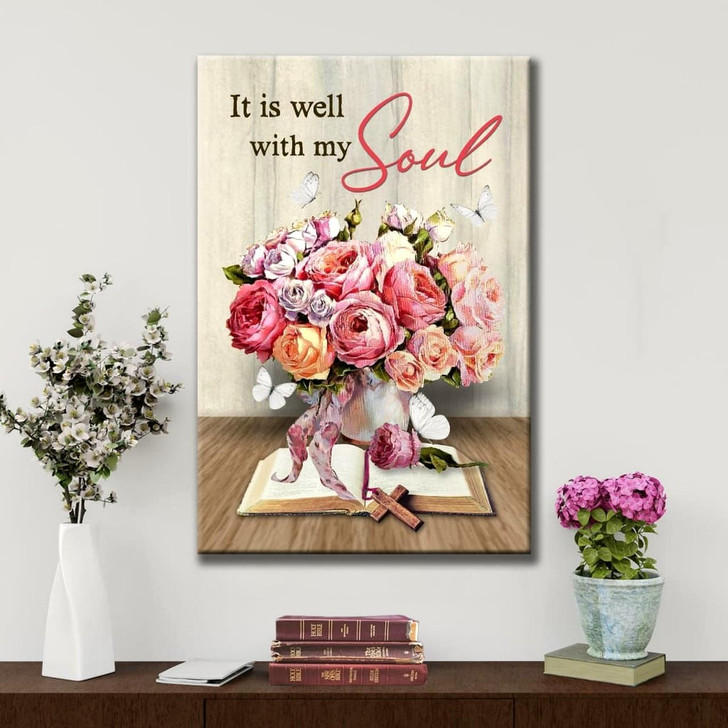 Christian It Is Well With My Soul Roses With Old Bible Book Wall Art Canvas Bible Verse Canvas Inspirational Scripture