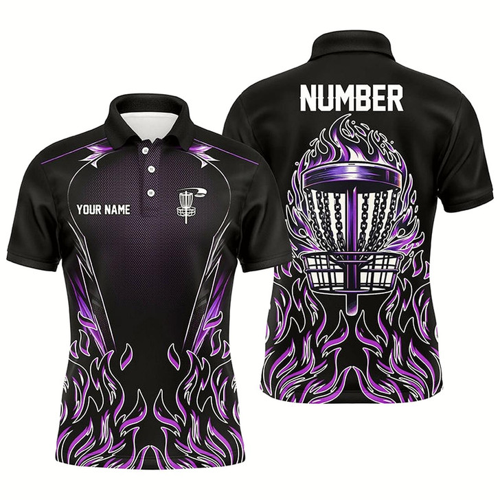 Goofygearprints Purple Flame Mens Disc Golf Polo Shirts Custom Black Disc Golf Fire Jerseys, Disc Golf Shirts Style 1
