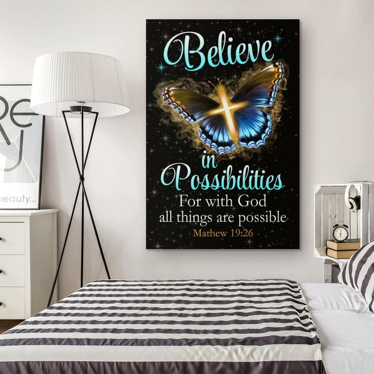 With God All Things Are Possible Bible Verse Canvas Wall Art Cross And Butterfly Design Christian Canvas Prints For