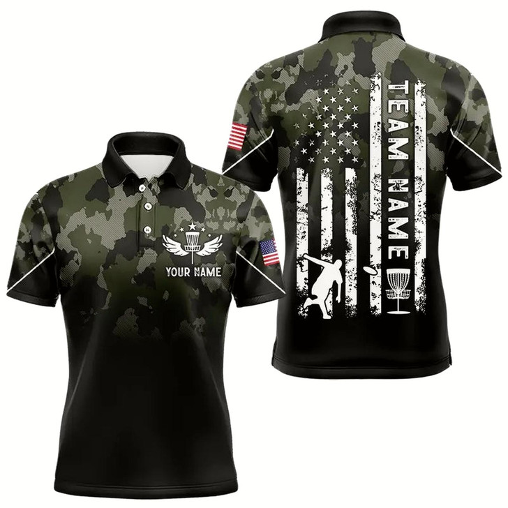 Goofygearprints Black Green Camo Mens Disc Golf Polo Shirts Custom American Flag Patriotic Team Disc Golf Jerseys