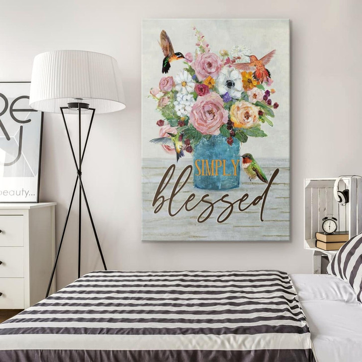 Simply Blessed Hummingbird Flower Canvas Wall Art Christian Bible Verse Prints Beautiful Wall Decor For Faith Inspired