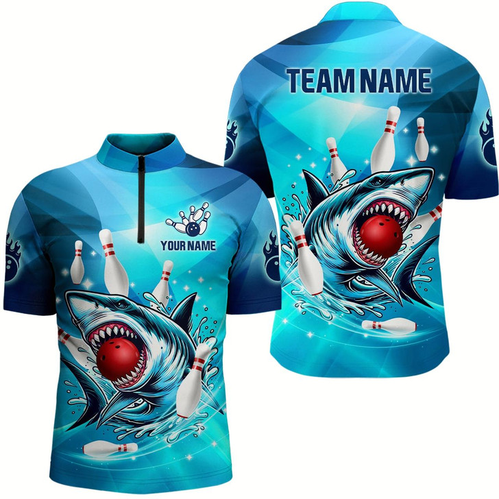 Goofygearprints Personalized Blue Shark Bowling Shirt For Men Custom Shark Bowling Team Jerseys, Gift For Bowlers Style 1