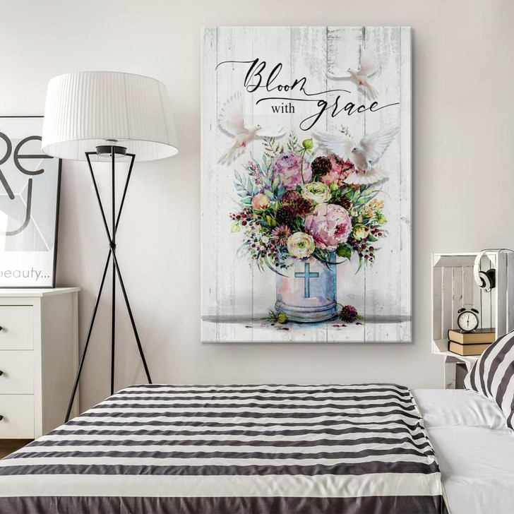 Bloom With Grace Dove Floral Canvas Wall Art Christian Bible Verse Prints Uplifting And Peaceful Wall Decor For Faith