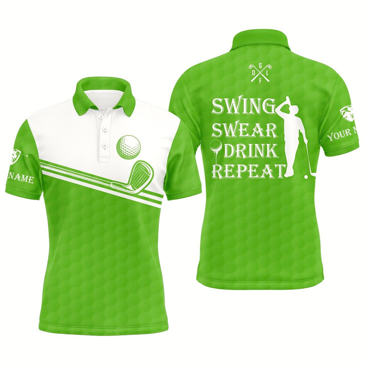 Goofygearprints Mens Golf Polo Shirt Swing Swear Drink Repeat Custom Name Green White Men Golf Shirts Style 2
