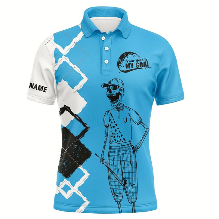 Goofygearprints Funny Golf Shirts Skull Custom Mens Golf Polos Shirts Your Hole Is My Goal, Golf Gifts For Him Blue