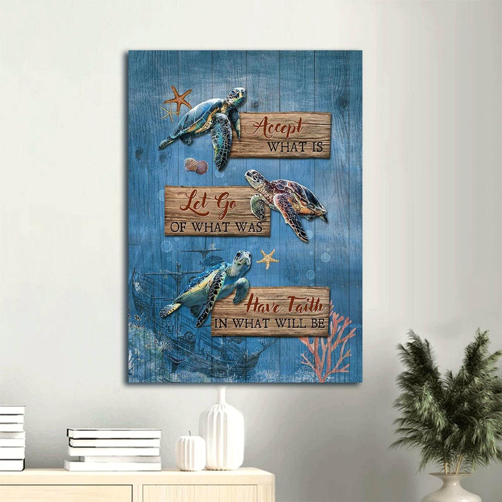 Sea Turtle Blue Ocean Colorful Starfish Accept What Is Let Go Canvas Wall Art Christian Gift Inspirational And Relaxing