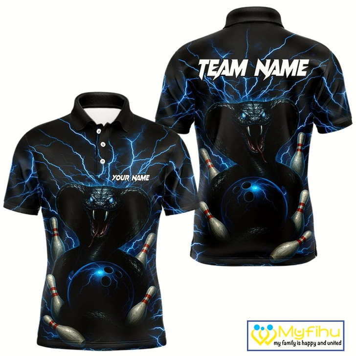 Goofygearprints Personalized Blue Thunder Lightning Cobra Snake Bowling Shirt For Men, Custom Name Bowling Team Jersey Style 1