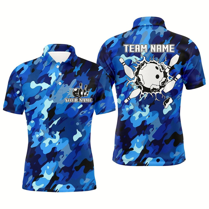 Goofygearprints Bowling Polo Shirts For Men Custom Bowling Ball And Pins Blue Camo Bowling Team Jersey Style 1