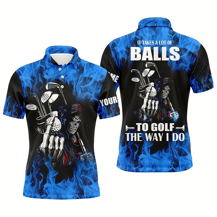Goofygearprints Mens Golf Polo Shirts Custom Name Blue Flame Golf Skull It Takes A Lot Of Ballsto Golf The Way I Do Style 2