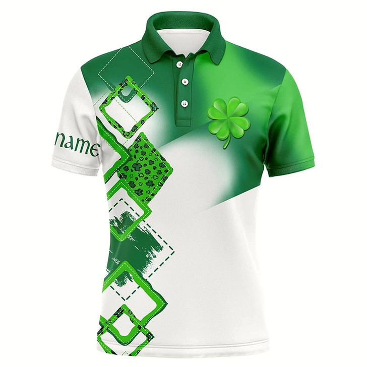Goofygearprints Mens Golf Polo Shirt Custom Name Green Clover St Patrick Day Golf Shirts, Golfing Gifts