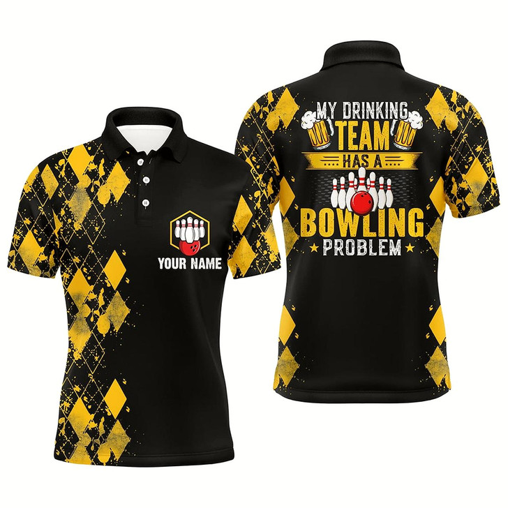 Goofygearprints Funny Yellow Argyle Bowling Beer Polo Shirts For Men Custom My Drinking Team Has A Bowling Problem Style 2