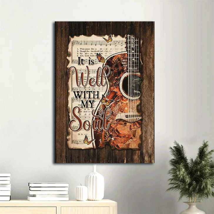 Canvas Wall Art Featuring A Guitar Monarch Butterfly And Music Sheet With The Message It Is Well With My Soul Christian