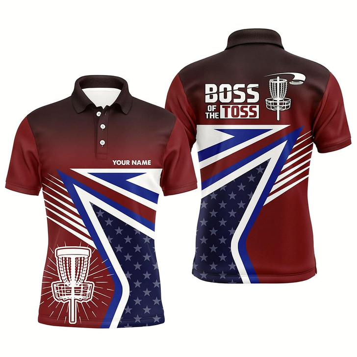 Goofygearprints Boss Of The Toss American Flag Disc Golf Polos Custom Name Patriotic Golf Shirts For Men Style 2