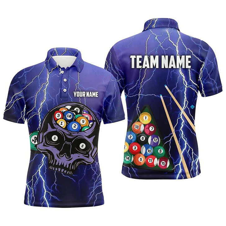 Goofygearprints Personalized Skull Billiard Thunder Lighting Polo Shirts For Men, Custom 3D Funny Billiard Shirts Style 1