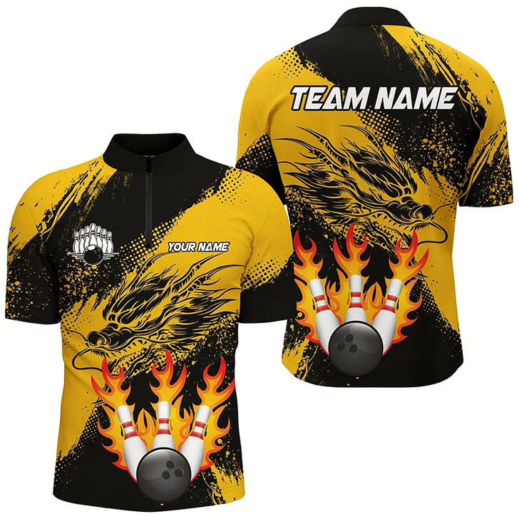 Goofygearprints Black And Gold Custom Flame Dragon Bowling Shirts For Men, Dragon Retro Bowling Team Shirts