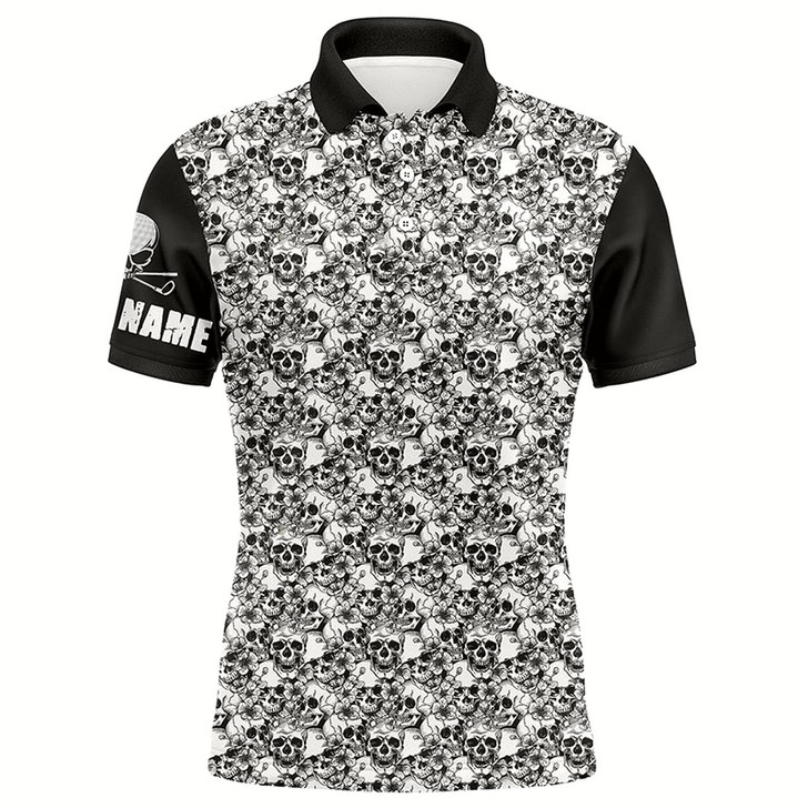 Goofygearprints Black And White Mens Golf Polo Shirts Custom Name Skull Pattern Men'S Golf Outfit