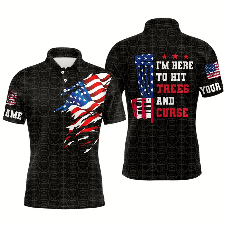 Goofygearprints American Flag Mens Disc Golf Polo Shirt Custom Black Disc Golf Pattern I'M Here To Hit Trees And Curse