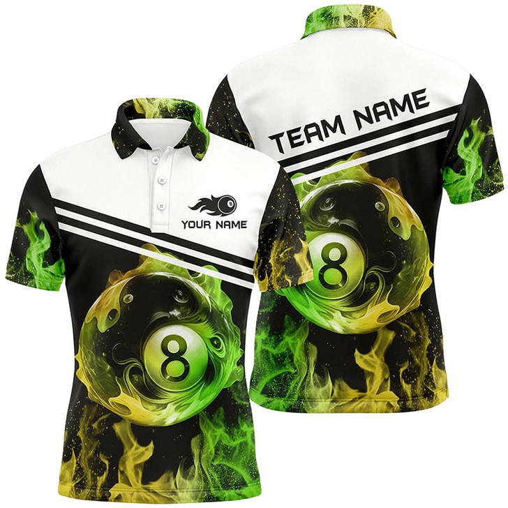 Goofygearprints Personalized Name 8 Ball Billiard In Green And Yellow Flames All Over Print 3D Polo Shirts For Men