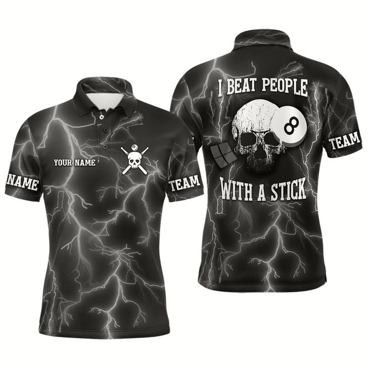 Goofygearprints Personalized I Beat People With A Stick Billiard Polo Shirts For Men, Thunder Skull Billiard Shirt