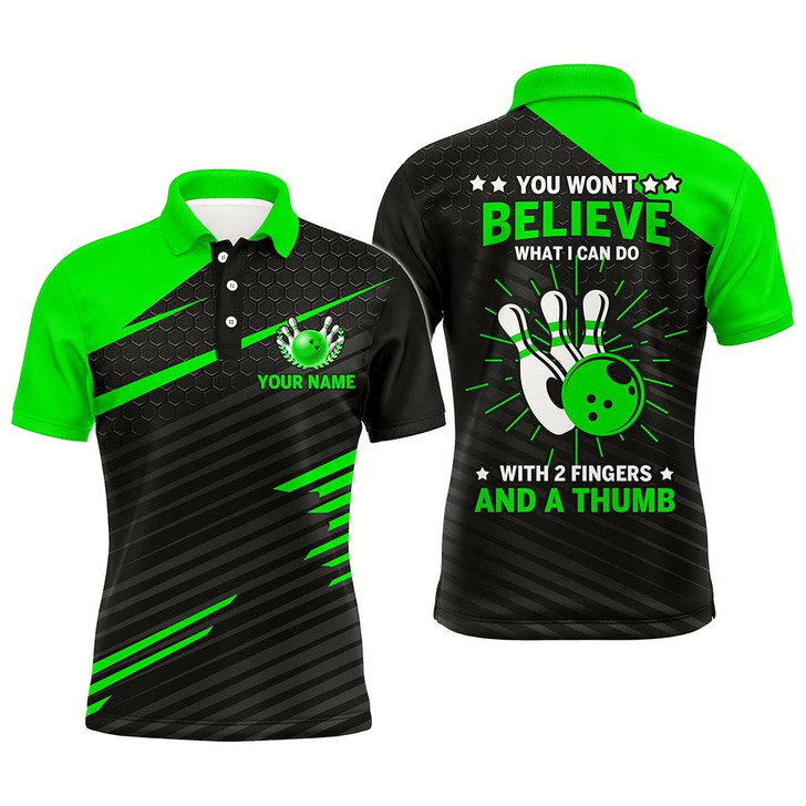 Goofygearprints Funny Bowling Polo Shirt For Men, Green & Black Custom Bowling Jersey, 2 Fingers And A Thumb Style 1