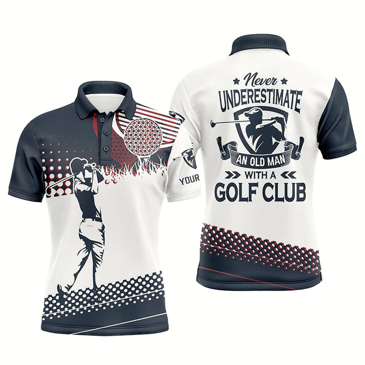 Goofygearprints Blue And White Mens Golf Polo Shirts Custom Name Never Underestimate An Old Man With A Golf Club