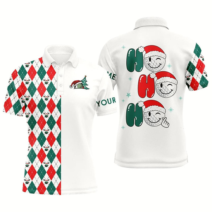 Goofygearprints Christmas Golf Ball Ho Ho Ho Mens Golf Polo Shirts Custom Red, White, Green Argyle Pattern Golf Gift