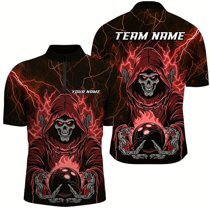 Goofygearprints Black And Red Lightning Custom Skull Bowling Shirts For Men, Halloween Bowling Shirts Style 2