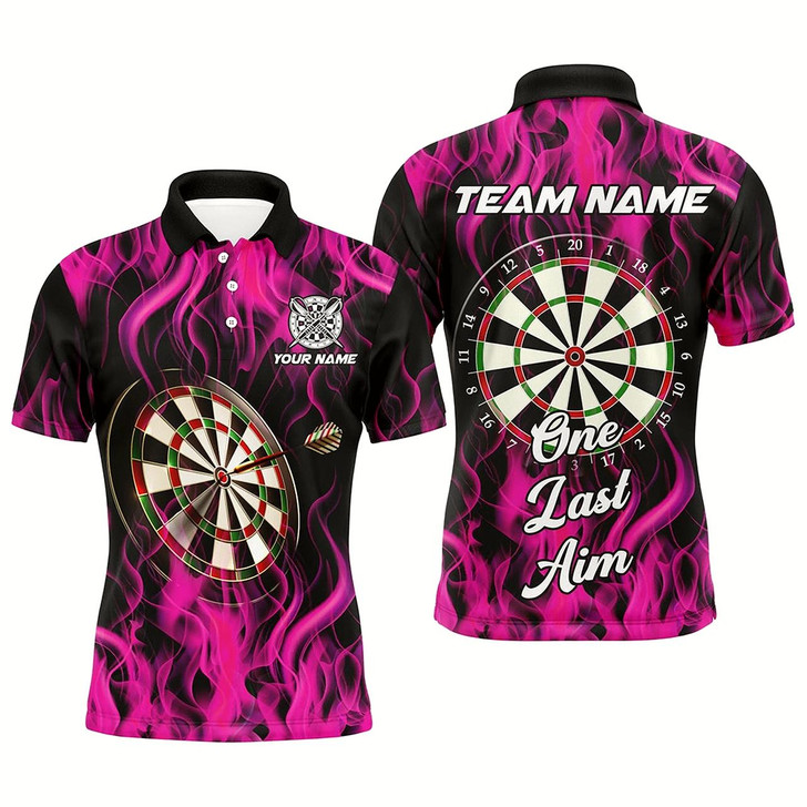 Goofygearprints One Last Aim 3D Fire Flame Pink Darts Shirts For Men Custom Darts Saying Shirts, Darts Jerseys