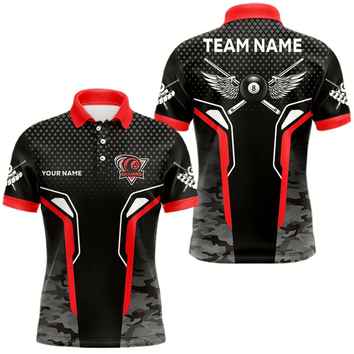 Goofygearprints Black And Red 8 Ball Pool Wings Custom Camo Billiard Shirts For Men, 8 Ball Billiard Team Jerseys