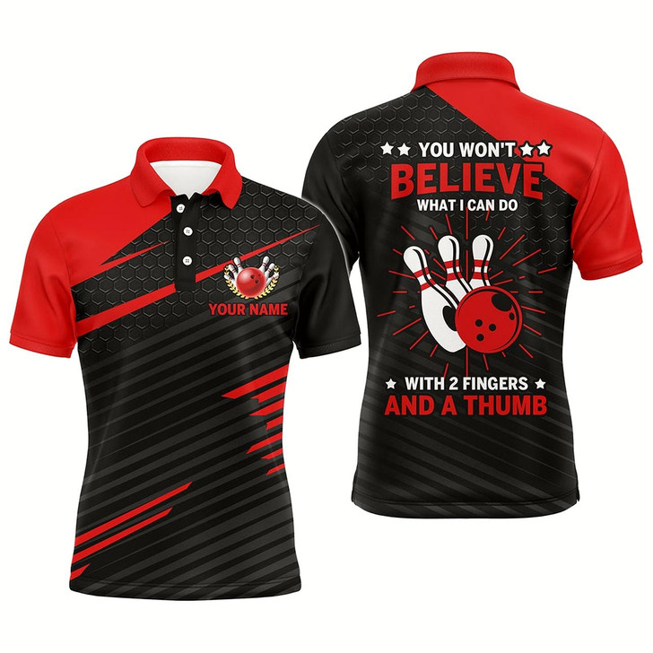 Goofygearprints Funny Bowling Polo Shirt For Men, Red & Black Custom Bowling Jersey, 2 Fingers And A Thumb